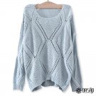 Solid Crochet Rhombus-Pattern Sweater Casual Round Neckline Top, light blue, one size, OP43493