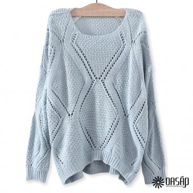 Solid Crochet Rhombus-Pattern Sweater Casual Round Neckline Top, light blue, one size, OP43493