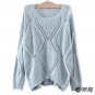 Solid Crochet Rhombus-Pattern Sweater Casual Round Neckline Top, light blue, one size, OP43493