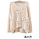 Solid Crochet Rhombus-Pattern Sweater Casual Round Neckline Top, ivory, one size, OP43493