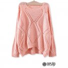 Solid Crochet Rhombus-Pattern Sweater Casual Round Neckline Top, coral, one size, OP43493