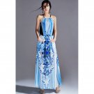 OASAP Women Light Blue Floral Naked Shoulder Halter Dress, light blue, L, OP53863