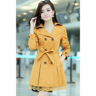 OASAP Lace Paneled Double-breasted A-line Coat, yellow, XXL, OP34168
