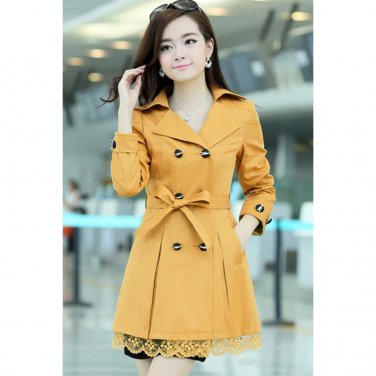 OASAP Lace Paneled Double-breasted A-line Coat, yellow, XL, OP34168