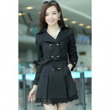 OASAP Lace Paneled Double-breasted A-line Coat, black, XL, OP34168