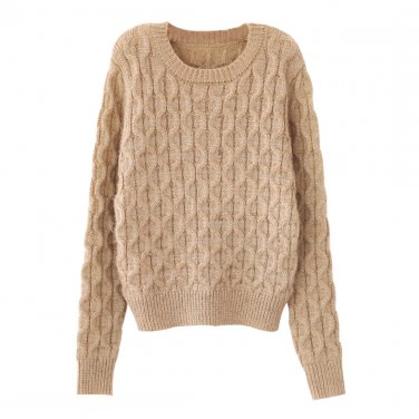 Chic Solid Loose Women Round Neckline Long Sleeves Cable Knit Sweater, khaki, one size, OP54182
