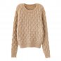 Chic Solid Loose Women Round Neckline Long Sleeves Cable Knit Sweater, khaki, one size, OP54182