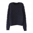 Chic Solid Loose Women Round Neckline Long Sleeves Cable Knit Sweater, navy, one size, OP54182