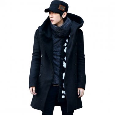 OASAP Black Padded Wool Trench Hooded Man Long Sleeves Coat, black, M, OP54413