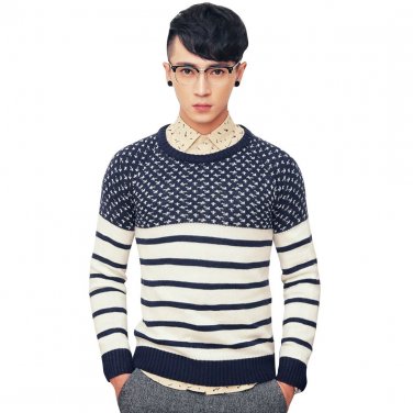 OASAP Stripe Print Jaquard Knit Man Round Neckline Long Sleeves Sweater, navy, XS, OP54397