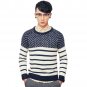 OASAP Stripe Print Jaquard Knit Man Round Neckline Long Sleeves Sweater, navy, S, OP54397