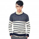 OASAP Stripe Print Jaquard Knit Man Round Neckline Long Sleeves Sweater, navy, M, OP54397