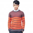 OASAP Stripe Print Jaquard Knit Man Round Neckline Long Sleeves Sweater, orange red, M, OP54397