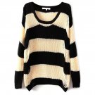 OASAP Black Beige Wide Stripes Print Loose Knit Sweater, black&beige, S, OP54644