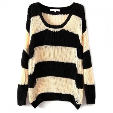 OASAP Black Beige Wide Stripes Print Loose Knit Sweater, black&beige, S, OP54644