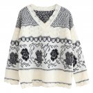 Women V Neckline Classic Scalloped-Trim Floral Print Knit Sweater, deep grey, one size, OP54734