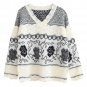 Women V Neckline Classic Scalloped-Trim Floral Print Knit Sweater, deep grey, one size, OP54734
