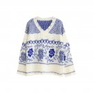 Women V Neckline Classic Scalloped-Trim Floral Print Knit Sweater, blue, one size, OP54734