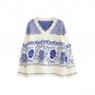 Women V Neckline Classic Scalloped-Trim Floral Print Knit Sweater, blue, one size, OP54734