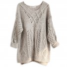 Women Round Neckline Long Sleeves Loose Hollow Solid Cable Knit Sweater, grey, one size, OP55907