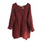 Women Round Neckline Long Sleeves Loose Hollow Solid Cable Knit Sweater, burgundy, one size, OP55907