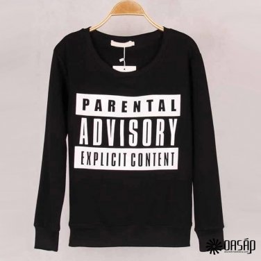 OASAP Women Round Neckline Long Sleeves Parental Advisory Solid Sweatshirt, black, L, OP45800