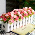 OASAP Pink Rosette Artificial Floral with Decorating White Fence Pattern Pot Vase, OP57705
