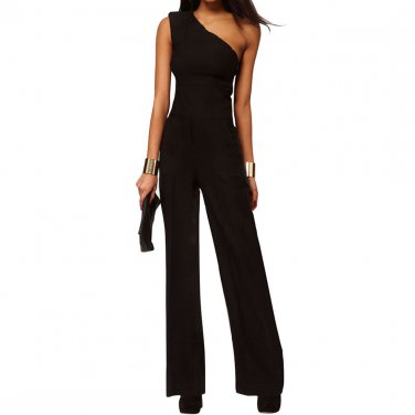 OASAP Women Black One-Shoulder Wide Leg Jumpsuit, black, M, OP57735