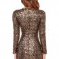 OASAP Sexy Women Long Sleeves Sequin Bodice V Neck Dress, brown, M, OP57713
