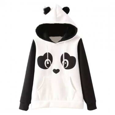 OASAP Women Long Sleeves Lovable Panda Pattern Hoodie, black&white, S, OP55578