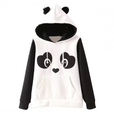 OASAP Women Long Sleeves Lovable Panda Pattern Hoodie, black&white, L, OP55578