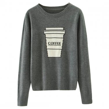 OASAP Man Long Sleeves Coffee Cup Print Slim Fit Sweater, grey, one size, OP59059