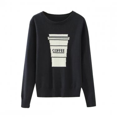 OASAP Man Long Sleeves Coffee Cup Print Slim Fit Sweater, black, one size, OP59059