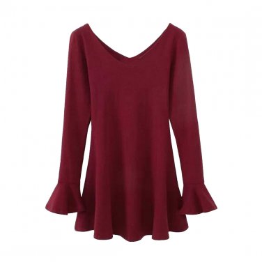 OASAP Woman Double V Neckline Long Sleeves Mini Flare Dress, burgundy, M, OP59322