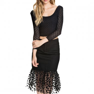 OASAP Women Black Long-sleeve Top and Dot Tulle Hemmed Skirt, black, one size, OP60721