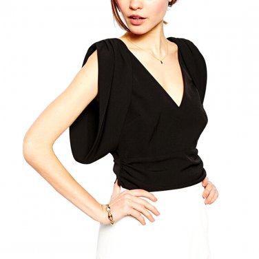 OASAP Women Black V-neck Cropped Club Top with Drape Kimono Sleeve, black, M, OP60717