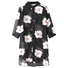Monochrome  Floral Print Three Quarters Length Sleeve Cover-Up Shirt for Woman, black, M, 66637