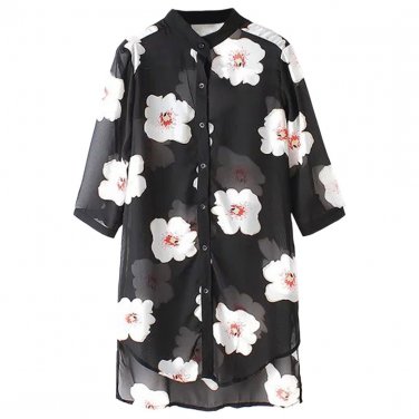 Monochrome  Floral Print Three Quarters Length Sleeve Cover-Up Shirt for Woman, black, M, 66637