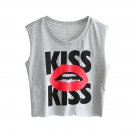 Sweet Kiss Lips Print Crop Top Shoulderless Tee Cool, grey, one size, 66787