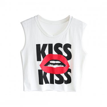 Sweet Kiss Lips Print Crop Top Shoulderless Tee Cool, white, one size, 66787