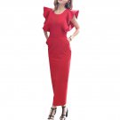 Red Ruffle Sleeves Spliced Slim Maxi Elegant Dress Back Slit, Red, L, 67487