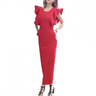 Red Ruffle Sleeves Spliced Slim Maxi Elegant Dress Back Slit, Red, L, 67487