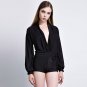 OASAP Long Sleeve Ruffle Sheen Black Mini Romper, black, L, 40697