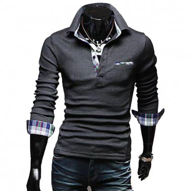 OASAP Tartan-Trim Long Sleeves Man Polo Shirt Men Casual Short-Sleeves T Shirt,OP44072,deep grey,L