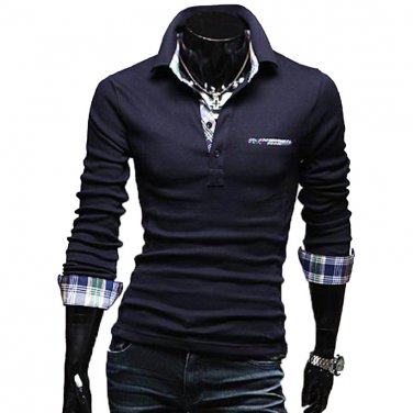 OASAP Tartan-Trim Long Sleeves Man Polo Shirt Men Casual Short-Sleeves T Shirt,OP44072,navy,M