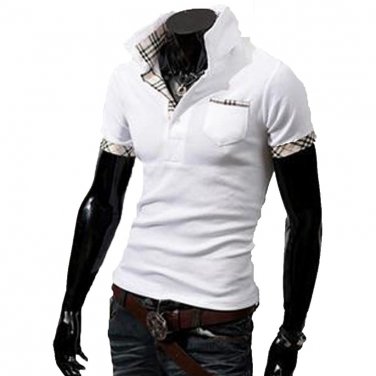 OASAP Tartan-Trim Long Sleeves Man Polo Shirt Men Casual Short-Sleeves T Shirt,OP44072,white,M