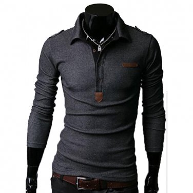 Essential Solid Man Polo Tee Men Long Sleeves Shirt Top,OP44318,grey,L