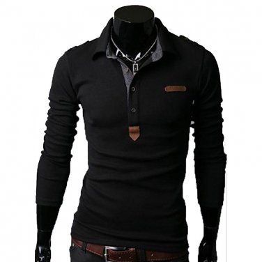 Essential Solid Man Polo Tee Men Long Sleeves Shirt Top,OP44318,black,M