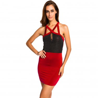 Knock-down Glitter Mesh Front Mini Dress,OP41103,red,M