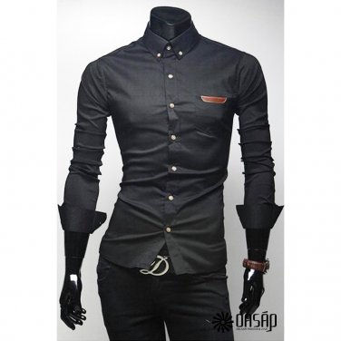 PU-Trim Basic Collar Long Sleeves Slim Men's Shirts,OP45808,black,XS